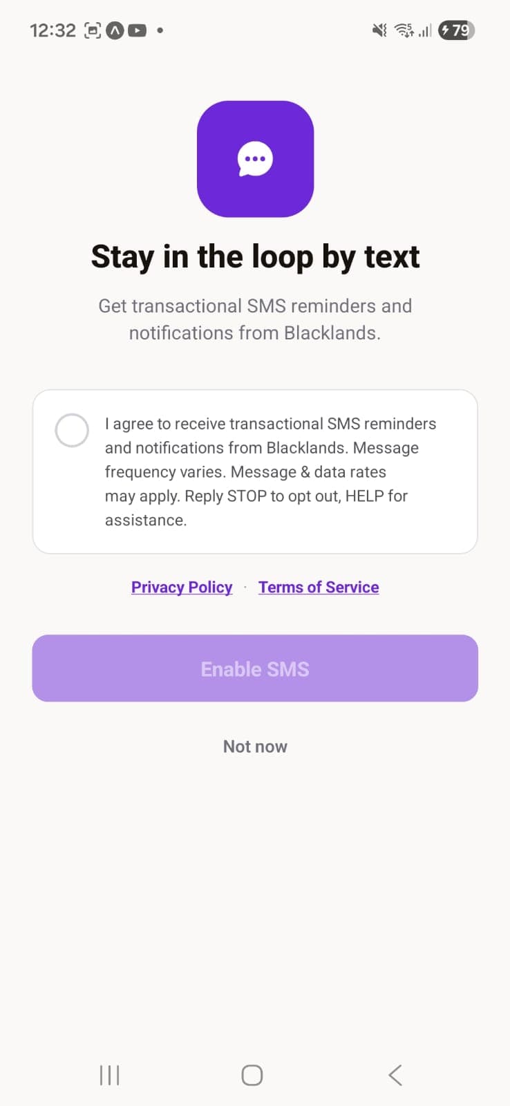 Stay in the loop by text — SMS consent screen, unchecked checkbox